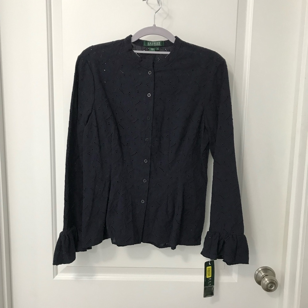 Ralph Lauren Dark Blue Eyelet Long Sleeve Button Up Blouse Top Size 4 NWT